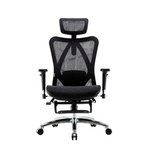 Load image into Gallery viewer, A black mesh ergonomic office chair with a headrest and legrest, on a five-star base with casters.