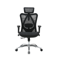 Load image into Gallery viewer, A black mesh ergonomic office chair with a headrest, adjustable armrests, and a five-point wheeled base.