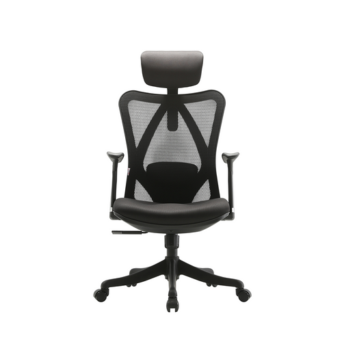 A black ergonomic fabric office chair with a headrest and a five-star base.