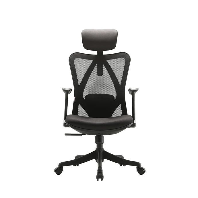 A black ergonomic fabric office chair with a headrest and a five-star base.