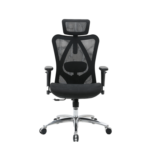 A black mesh ergonomic office chair with a headrest, adjustable armrests, and a five-point wheeled base.