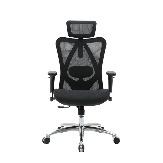 A black mesh ergonomic office chair with a headrest, adjustable armrests, and a five-point wheeled base.