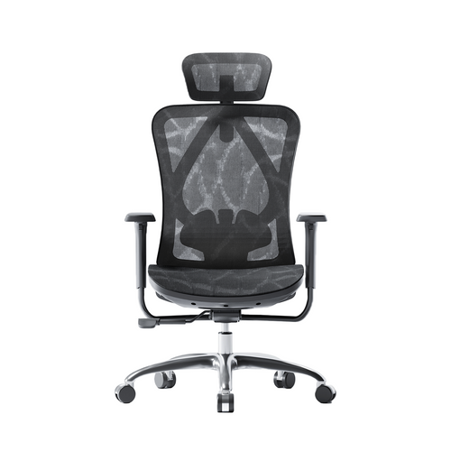 A black mesh ergonomic office chair with a five-point wheeled base and armrests.