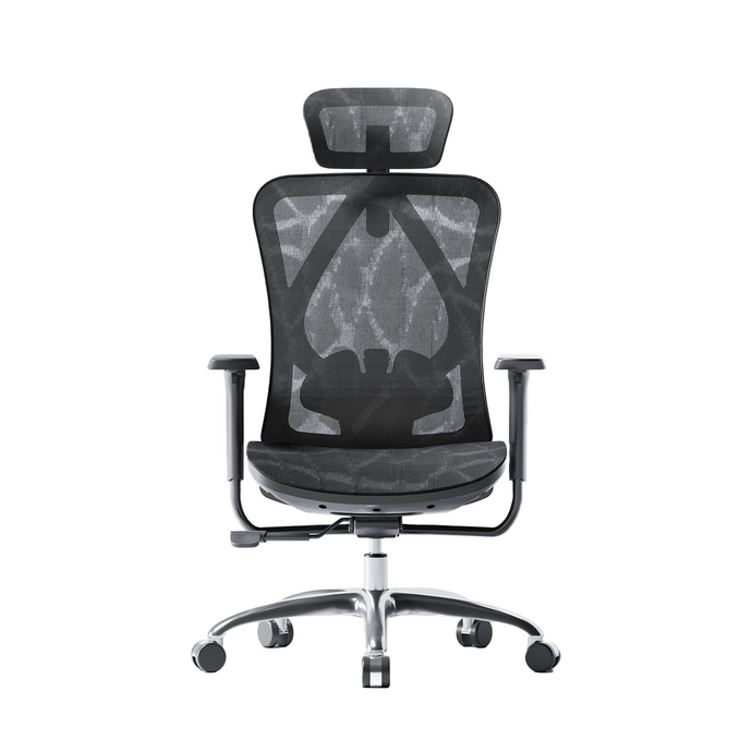 A black mesh ergonomic office chair with a five-point wheeled base and armrests.