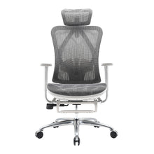 Load image into Gallery viewer, Gray mesh office chair with headrest on a white background
