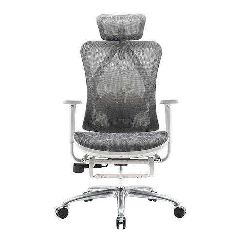 Gray mesh office chair with headrest on a white background