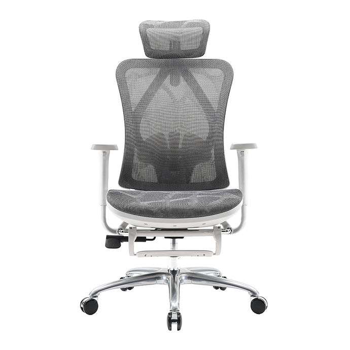 Gray mesh office chair with headrest on a white background