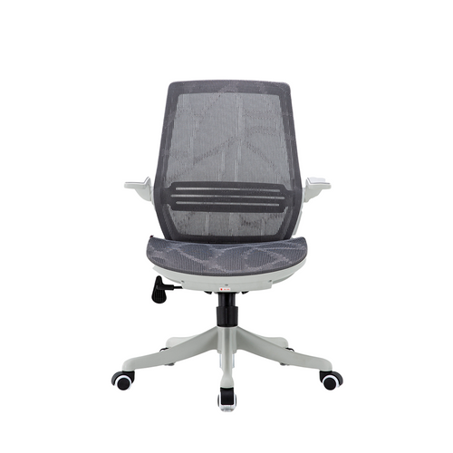 An ergonomic office chair with a grey mesh backrest and seat, featuring armrests and a five-star base with casters.