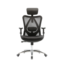 Load image into Gallery viewer, A black Sihoo M18 ergonomic fabric office chair with a high backrest, lumbar support, and a five-point wheeled base.
