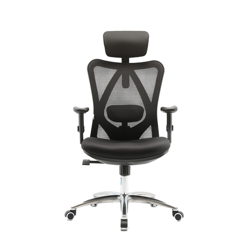 A black Sihoo M18 ergonomic fabric office chair with a high backrest, lumbar support, and a five-point wheeled base.