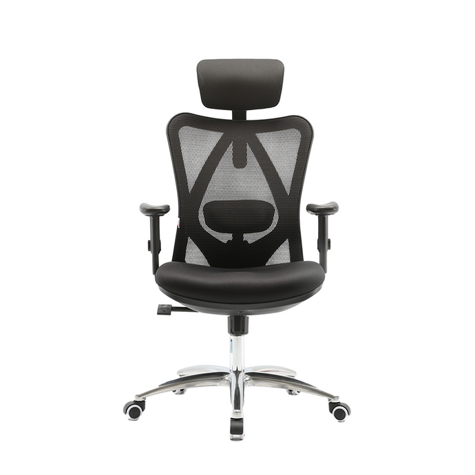 A black Sihoo M18 ergonomic fabric office chair with a high backrest, lumbar support, and a five-point wheeled base.