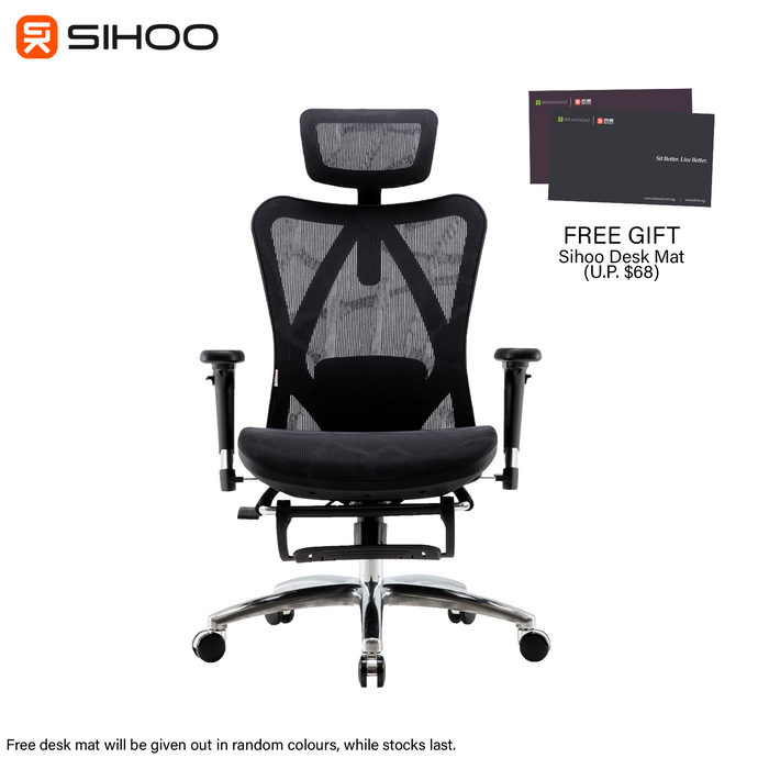 *FREE DESK MAT* Sihoo M57B Black Frame Black Mesh Ergonomic Office Chair with Legrest